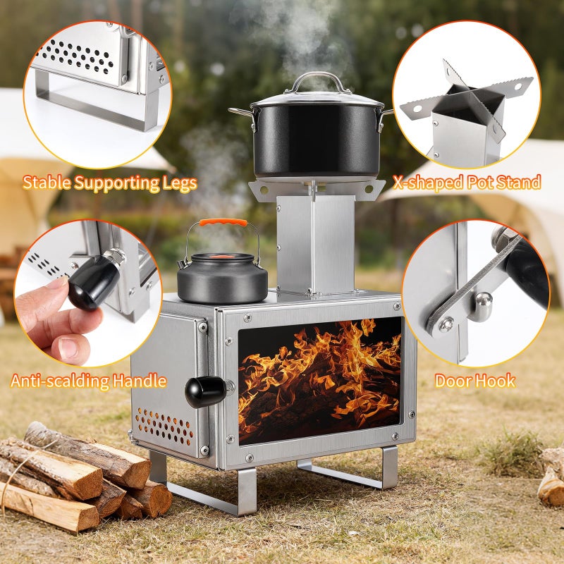 LAMA Folding Wood Burning Stove Stainless Steel Camping Tent Stove, Portable Wood Stove with Storage Bag, Lightweight Wood Burning Stove for Cooking,Ice Fishing,Hunting,Hiking,Boiling Water,Silver - Image 4