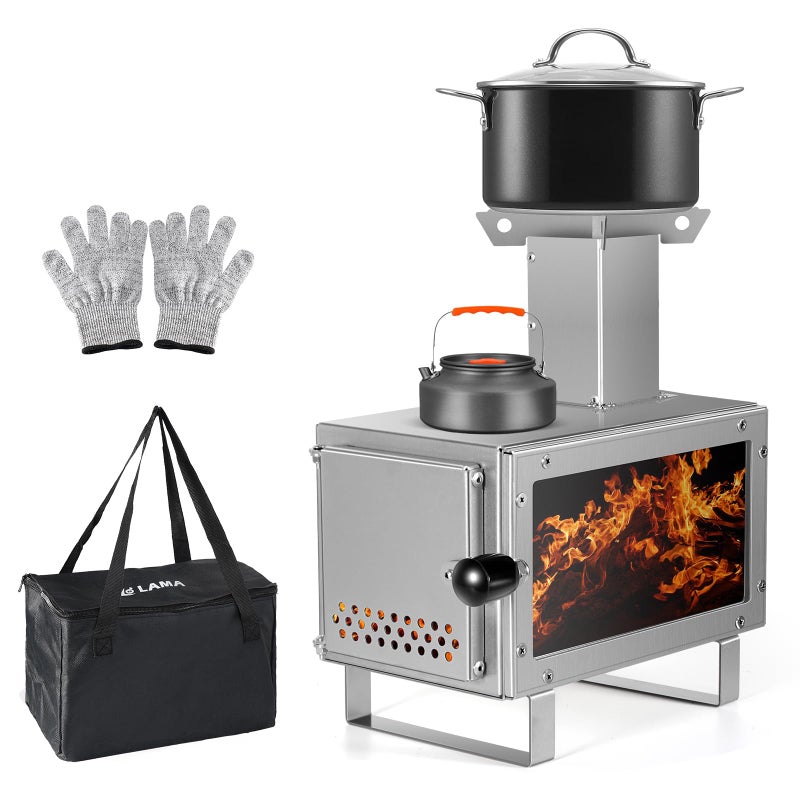LAMA Folding Wood Burning Stove Stainless Steel Camping Tent Stove, Portable Wood Stove with Storage Bag, Lightweight Wood Burning Stove for Cooking,Ice Fishing,Hunting,Hiking,Boiling Water,Silver - Image 1