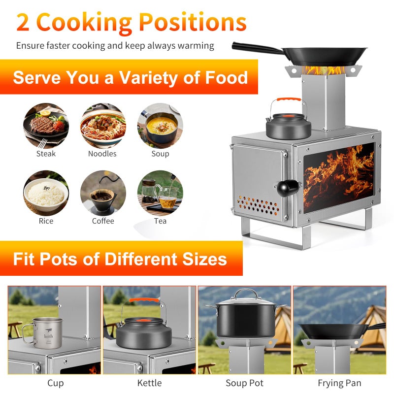 LAMA Folding Wood Burning Stove Stainless Steel Camping Tent Stove, Portable Wood Stove with Storage Bag, Lightweight Wood Burning Stove for Cooking,Ice Fishing,Hunting,Hiking,Boiling Water,Silver - Image 2