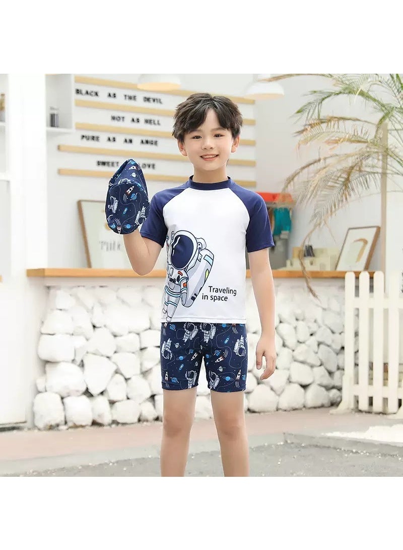 Generic 3 Piece Kids Swimsuit with Cap Set for Boys, Spaceman Print Swimwear Children Swimming Trunks Short Sleeves Clothing Beachwear Bathing Suit for Summer, 100-110cm  - Image 2