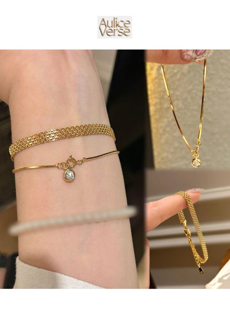 AuliceVerse Women's 18K Gold Plated Stainless Steel Chain Bracelet Set for ladies - Braided Chain & Snake Chain with Crystal Charm - Image 1