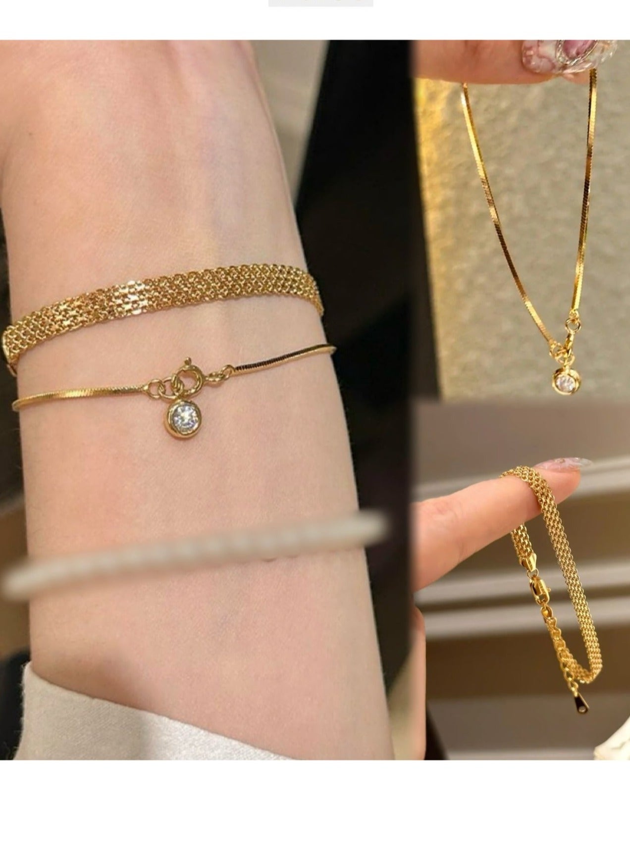 Women's 18K Gold Plated Stainless Steel Chain Bracelet Set for ladies - Braided Chain & Snake Chain with Crystal Charm