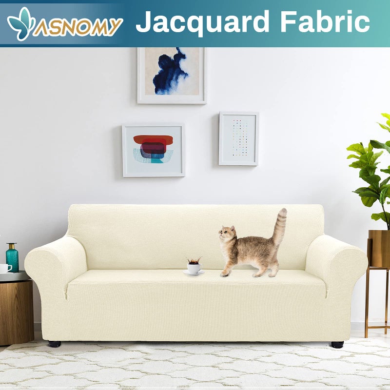 Asnomy Couch Covers for 3 Cushion Couch Stretch Sofa Covers Slipcovers, Pet Protector Furniture Covers for Dogs Cats Spandex Jacquard Fabric Small Checks ï¼ˆLargeï¼ŒOff-Whiteï¼‰ - Image 2