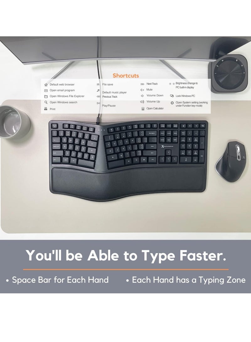 Wired Ergonomic Keyboard with Cushioned Wrist Rest - Type Naturally and Comfortably Longer - USB Wired Keyboard for Laptop with 110 Keys u0026 5ft Cable - Split Keyboard for PC, Computer Ergo Keyboard
