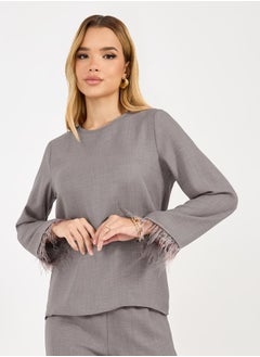 Styli Solid Top with feather trim Sleeves & Wide Leg Pants Co-Ords Set  - Image 2