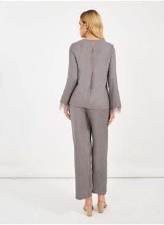 Styli Solid Top with feather trim Sleeves & Wide Leg Pants Co-Ords Set  - Image 4
