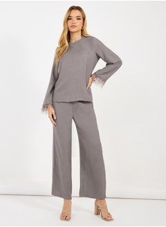 Styli Solid Top with feather trim Sleeves & Wide Leg Pants Co-Ords Set  - Image 1