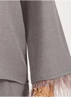 Styli Solid Top with feather trim Sleeves & Wide Leg Pants Co-Ords Set  - Image 3