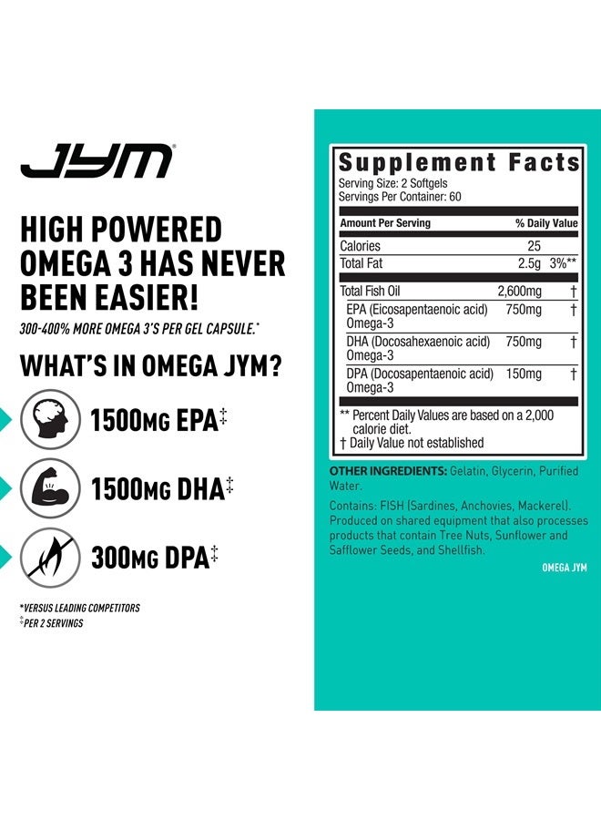 JYM Supplement Science Omega JYM Fish Oil 2800mg, High Potency Omega 3, EPA, DHA, DPA for Brain, Heart, & Joint Support 120 Soft Gels - Image 2