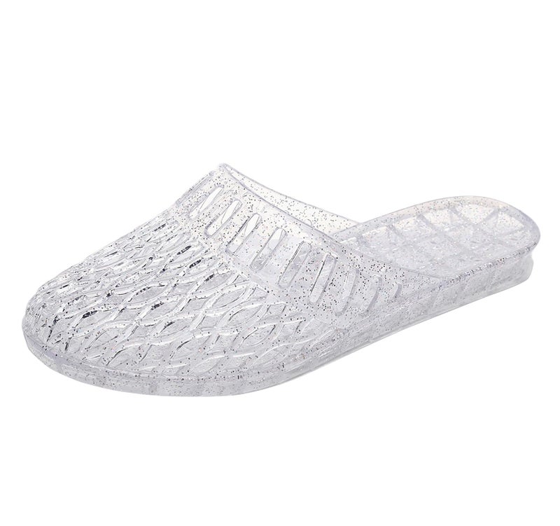 OMGard Womens Jelly Shoes, White Jellies Sandals Glitter Clear Flats for Women Size 7, Slip On Summer Beach Slippers Transparent Closed Toe Soft Slide - Image 1