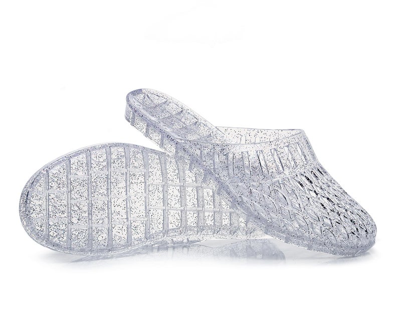 OMGard Womens Jelly Shoes, White Jellies Sandals Glitter Clear Flats for Women Size 7, Slip On Summer Beach Slippers Transparent Closed Toe Soft Slide - Image 5