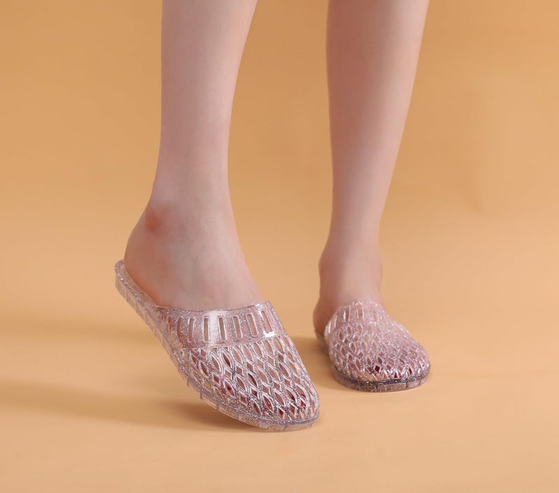 OMGard Womens Jelly Shoes, White Jellies Sandals Glitter Clear Flats for Women Size 7, Slip On Summer Beach Slippers Transparent Closed Toe Soft Slide - Image 2