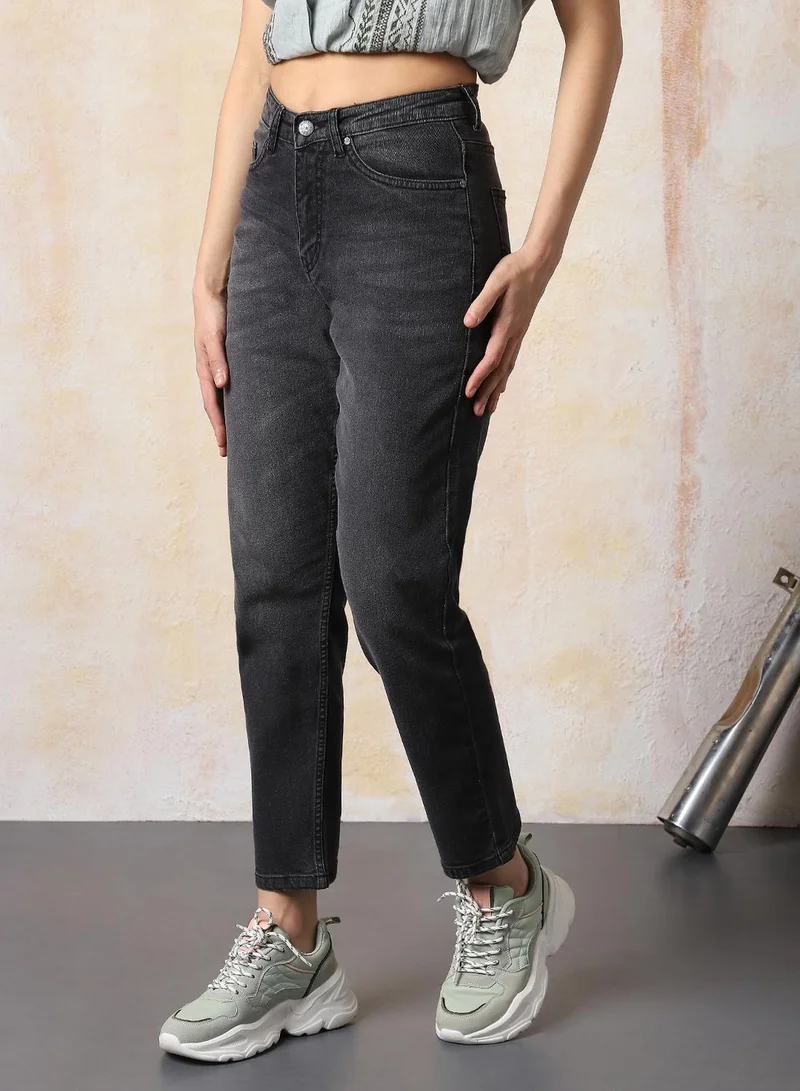 HIGH STAR Women Mom Slim Fit High-Rise Light Fade Cotton Jeans
