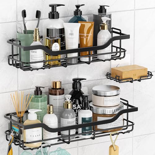 OMAIRA 3-Pack Shower Caddy with Soap Holder, Adhesive Rustproof No-drill Strudy Loading Inside Shower Organizer Shelves Rack Storage Bathroom Organization for Smooth Wall Glass Tile, Black (Large) - Image 1