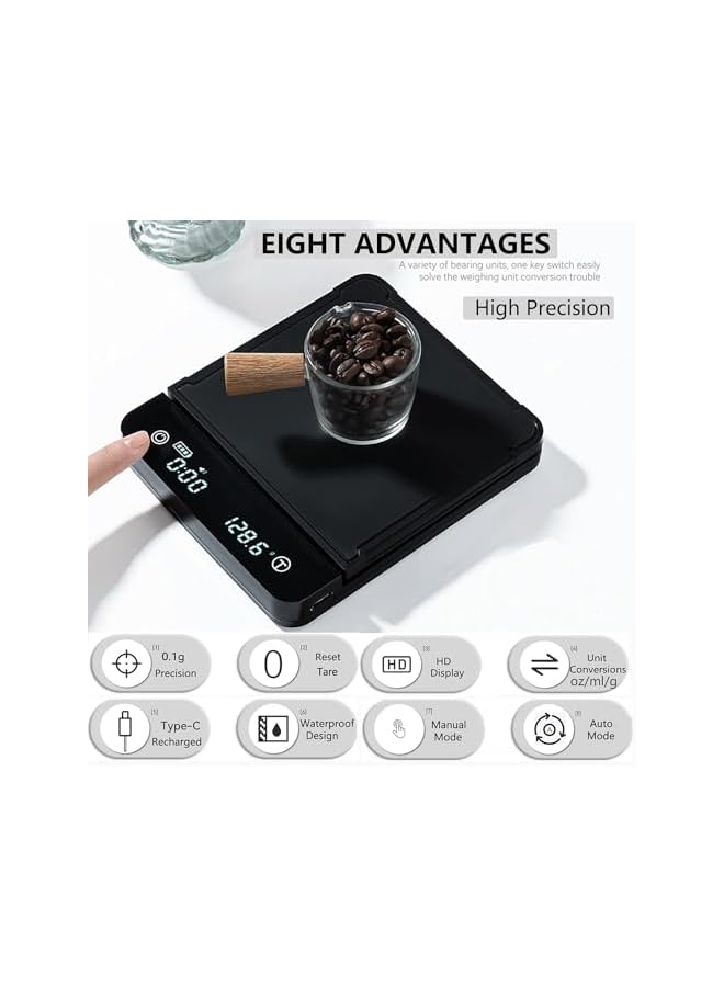 promass Digital Coffee Scale with Timer, 0.1g High Precision Food Scale, Waterproof Rechargeable Kitchen Scale, Pour Over Espresso Weight Scale, Mini Coffee Scale with Touch Sensor Pad, 6.6 lbs/3 kg - Image 4