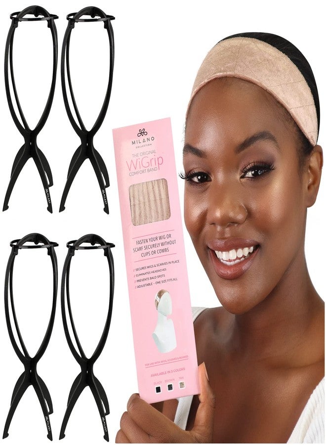 MILANO COLLECTION Bundle Wig Grip Band + Wig Stands, Non Slip Extra Hold Tan Wig Band for Wigs and Frontals + 4-pack Wig Stands for Drying, Styling, or Displaying - Image 1