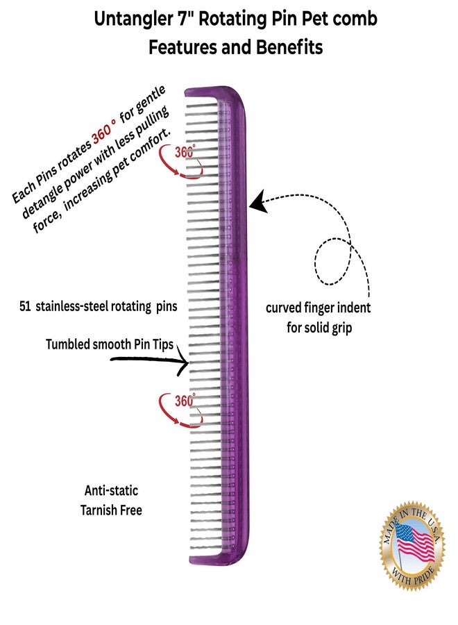 Untangler Pet comb for easy mat removal - silky smooth rotating teeth untangles without causing pain to pets. (7", Purple) - Image 4