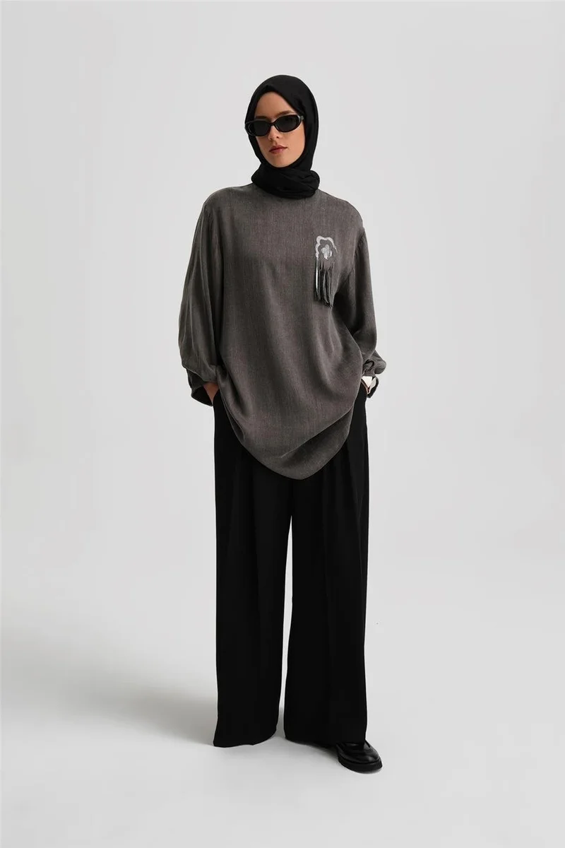 ARMINE Glittery Flower Appliqued Cupra Tunic 24K4303 Anthracite