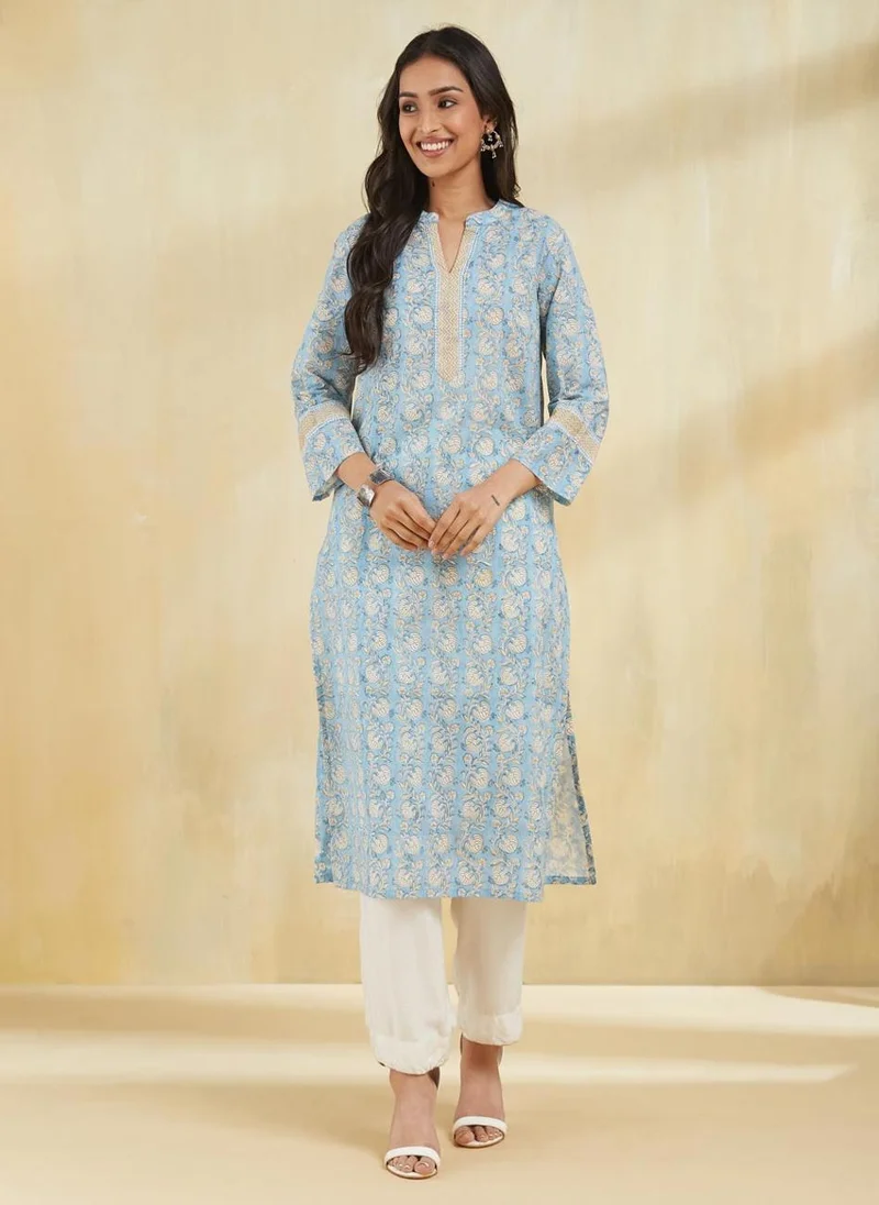 Fabindia Blue Cotton Hand Block Printed Long Kurta