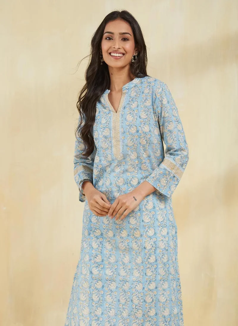 فاب انديا Blue Cotton Hand Block Printed Long Kurta