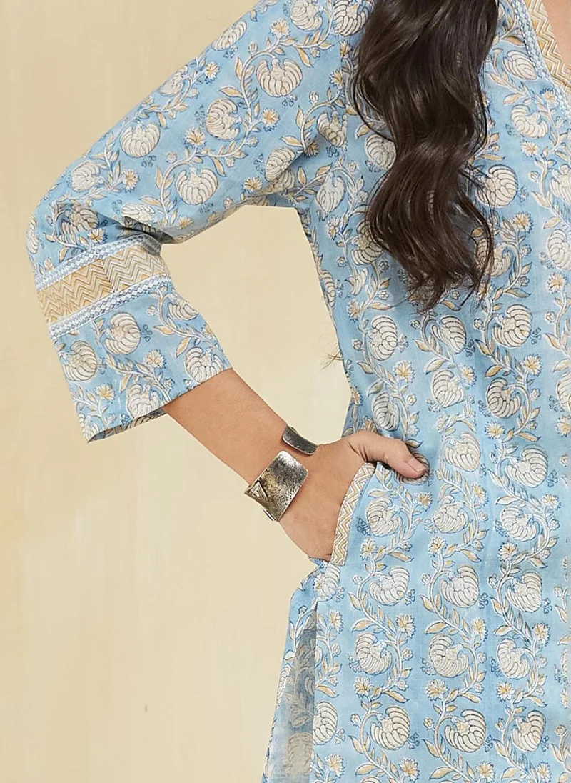 فاب انديا Blue Cotton Hand Block Printed Long Kurta