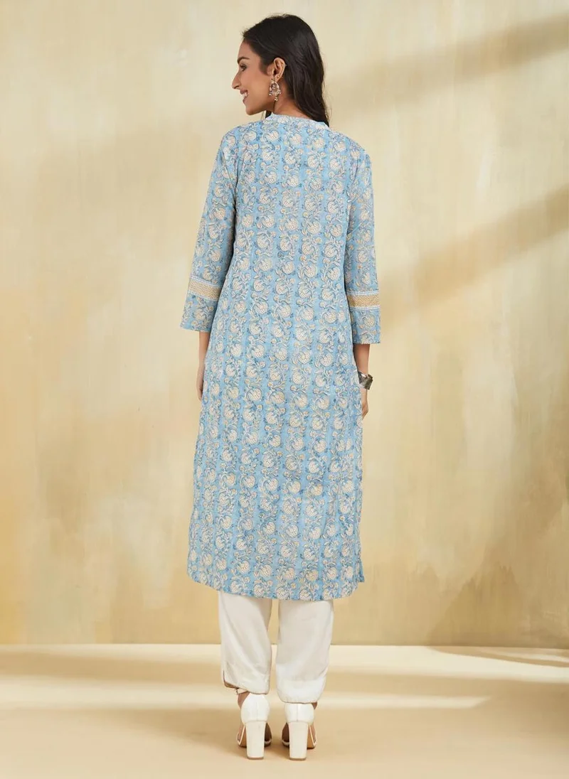 فاب انديا Blue Cotton Hand Block Printed Long Kurta