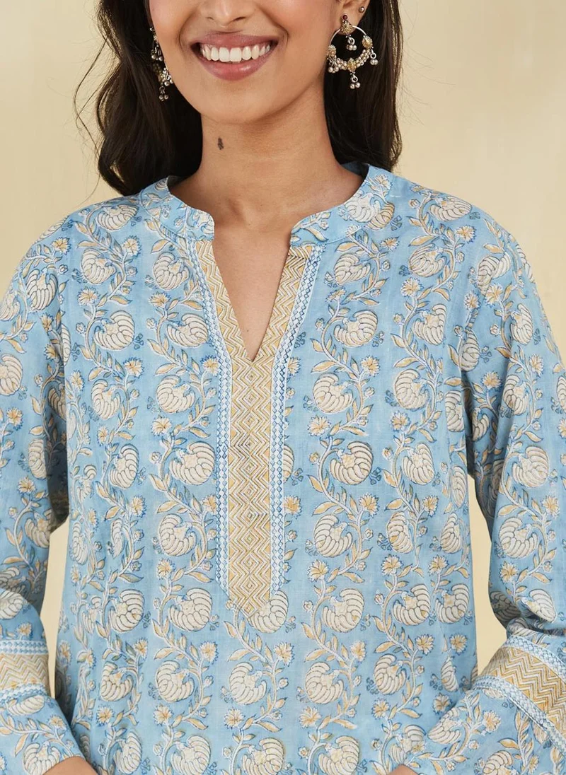 فاب انديا Blue Cotton Hand Block Printed Long Kurta