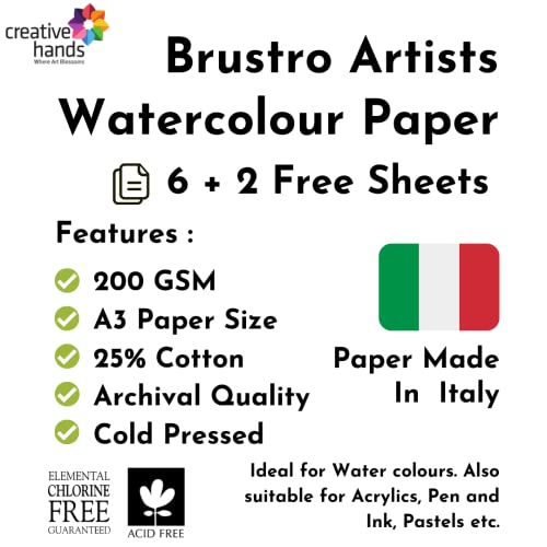 BRUSTRO Artists 25% Cotton Watercolour Paper, 200 GSM, Size A3, Cold Pressed, 6 + 2 Free Sheets | Ideal for Watercolor,Gouache,Charcoal,Graphite,Ink & Other Mixed Media - Image 2