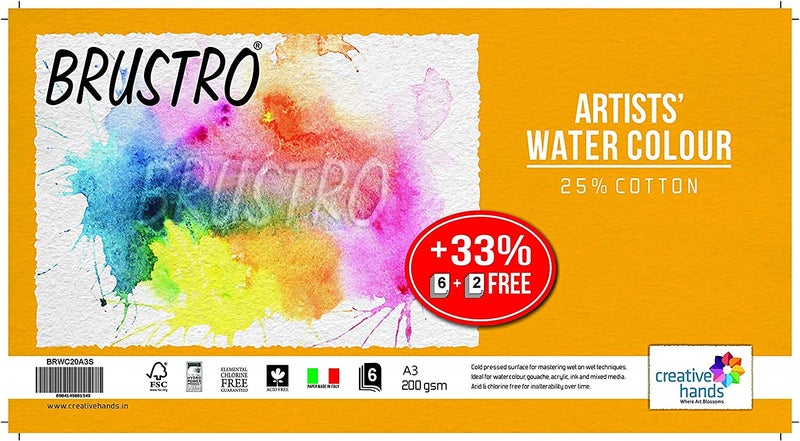 BRUSTRO Artists 25% Cotton Watercolour Paper, 200 GSM, Size A3, Cold Pressed, 6 + 2 Free Sheets | Ideal for Watercolor,Gouache,Charcoal,Graphite,Ink & Other Mixed Media - Image 1
