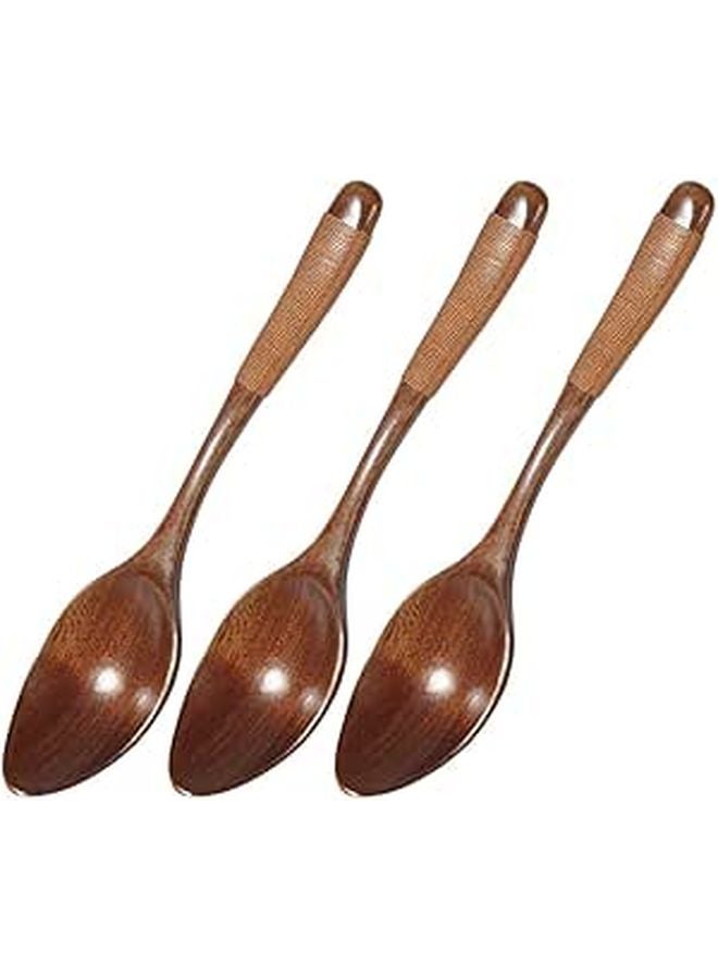 3Pcs Wooden Wide Mouth Soup Spoons with Brown Cord Handle for Kitchen and Restaurant Use - Image 1
