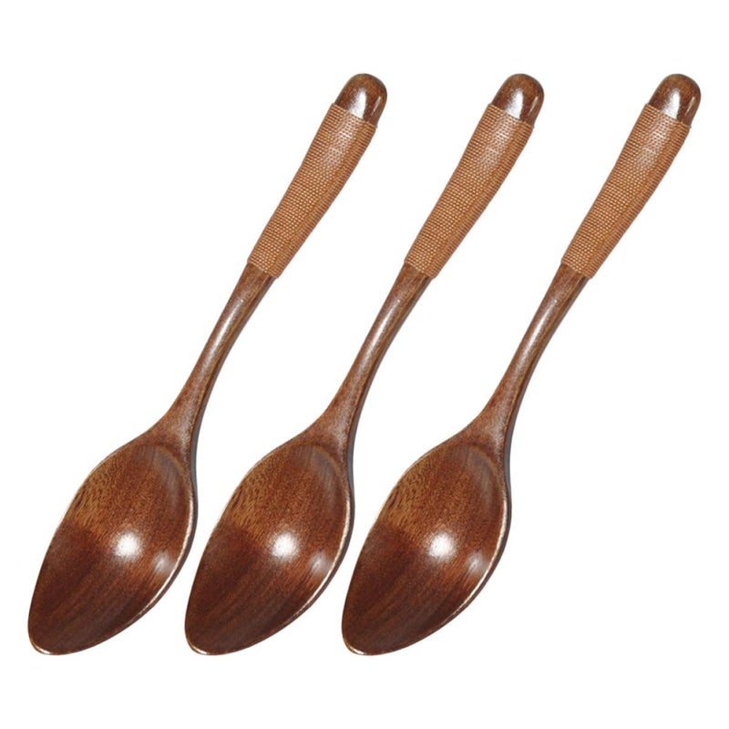3Pcs Wooden Wide Mouth Soup Spoons with Brown Cord Handle for Kitchen and Restaurant Use - Image 2