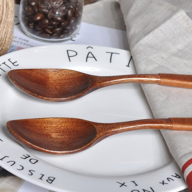 3Pcs Wooden Wide Mouth Soup Spoons with Brown Cord Handle for Kitchen and Restaurant Use - Image 5