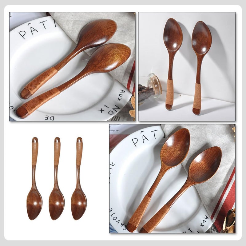 3Pcs Wooden Wide Mouth Soup Spoons with Brown Cord Handle for Kitchen and Restaurant Use - Image 4