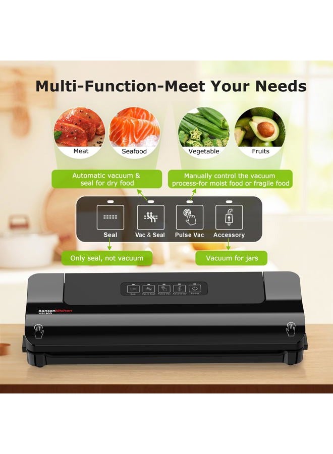 Bonsenkitchen Vacuum Sealer, Multi-Functional Food Sealer with 10 Vacuum Bags, External Vacuum System & Accessory Tube,Fast-Compact Design, Bright Black - Image 2