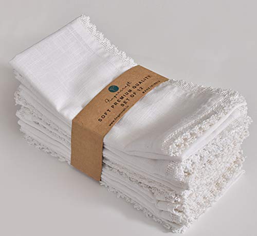 Fingercraft Dinner Cloth Napkin Cotton Linen 12 Pack Vintage Rustic Premium Quality Mitered Corners Napkin Cloth with Elegant Lace for Everyday Use, Pre Shrunk and Good Absorbency 20x20 in White - Image 1