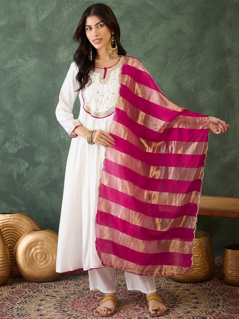Naixa Women's Chanderi Embroidered Flared Kurta with Pant and Dupatta Sets for Wedding Party and Festival Wear (NX-762-White-4XL) - Image 2