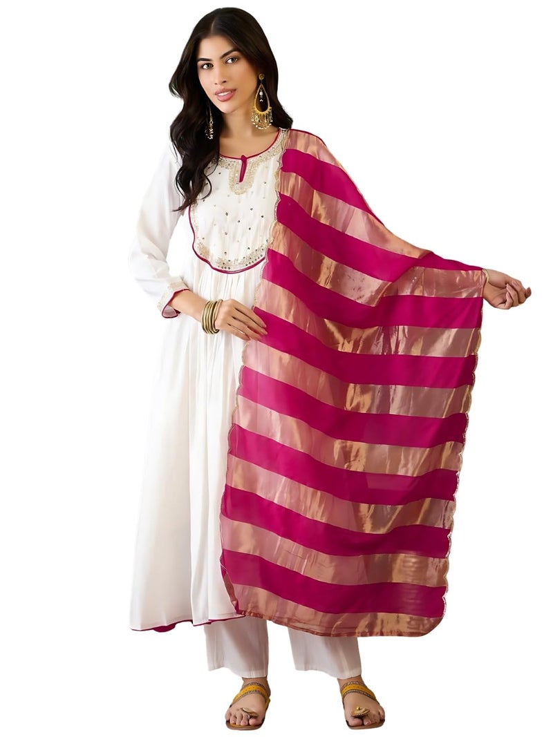 Naixa Women's Chanderi Embroidered Flared Kurta with Pant and Dupatta Sets for Wedding Party and Festival Wear (NX-762-White-4XL) - Image 1