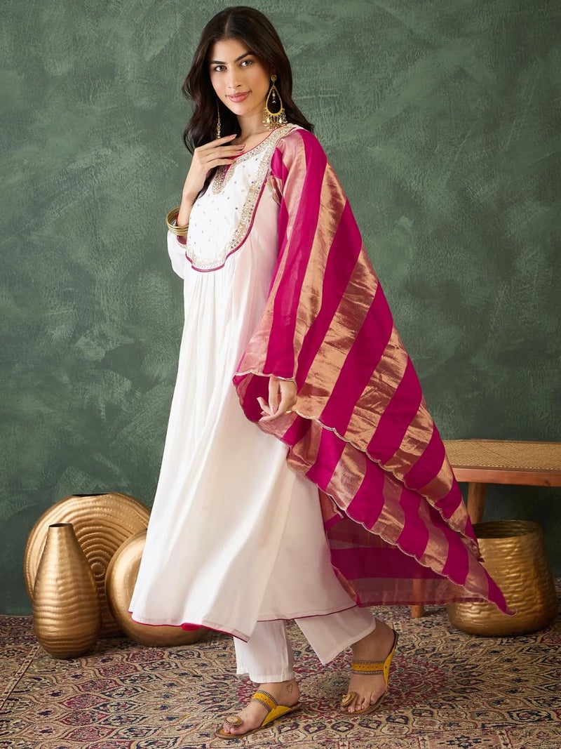 Naixa Women's Chanderi Embroidered Flared Kurta with Pant and Dupatta Sets for Wedding Party and Festival Wear (NX-762-White-4XL) - Image 3