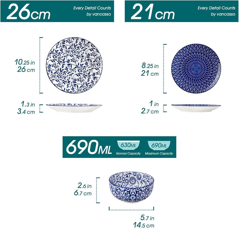 vancasso SELENE Plates and Bowls Set for 6 18 Pieces Dinnerware Sets Mircowave and Dishwasher Safe Dishes Set Porcelain Blue Dinnerware - Image 2