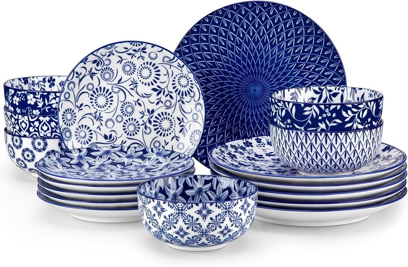 vancasso SELENE Plates and Bowls Set for 6 18 Pieces Dinnerware Sets Mircowave and Dishwasher Safe Dishes Set Porcelain Blue Dinnerware - Image 1