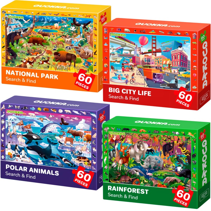QUOKKA Puzzles for Kids Ages 4-6 - 4 x 60 Puzzles for Toddlers 5-8 - Educational Search & Find Toy for 8-10 yo for Learning Forest Polar, USA National Park Animals & City Life - Image 1