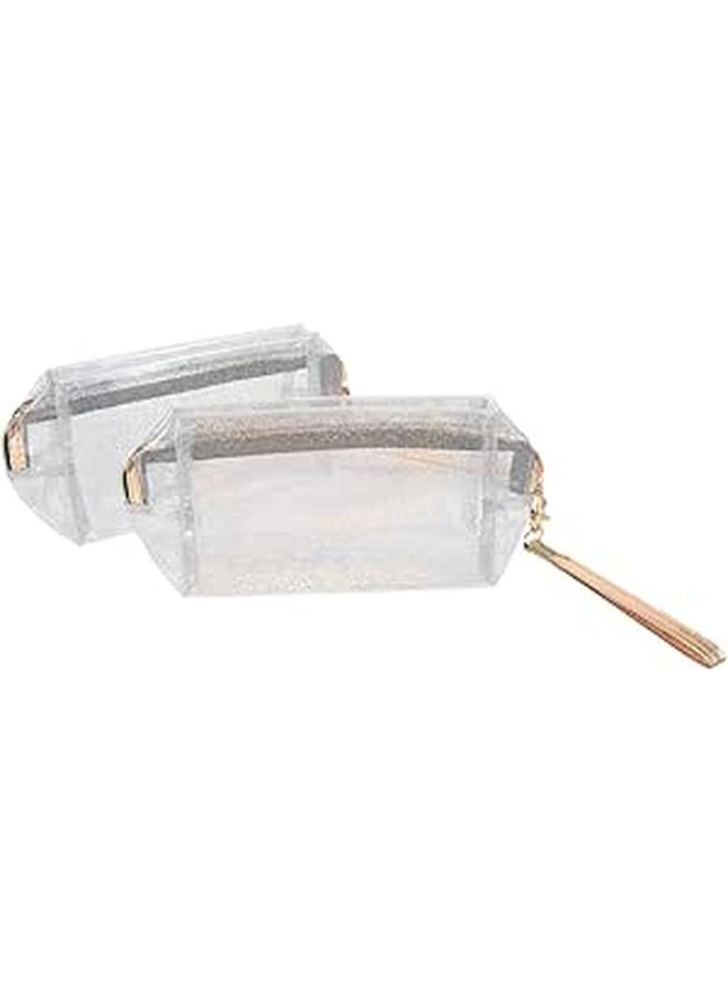 Waterproof PVC Zipper Makeup Bag 2 Pieces Large Capacity Glitter Cosmetic Pouch Silver Travel Toiletries Storage - Image 1