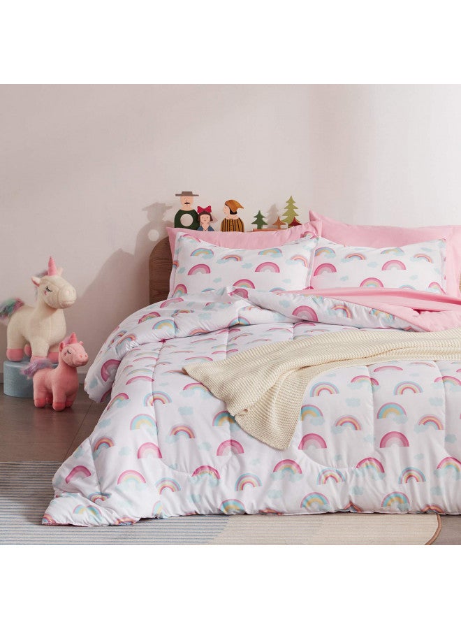SLEEP ZONE مجموعة أغطية سرير الأطفال SLEEP ZONE بحجم كامل/ملكة - مجموعة أغطية سرير للأطفال 7 قطع لطيفة جداً وناعمة مع لحاف، ملاءة، غطاء وسادة وغطاء وسادة (قوس قزح وردي) - Image 2