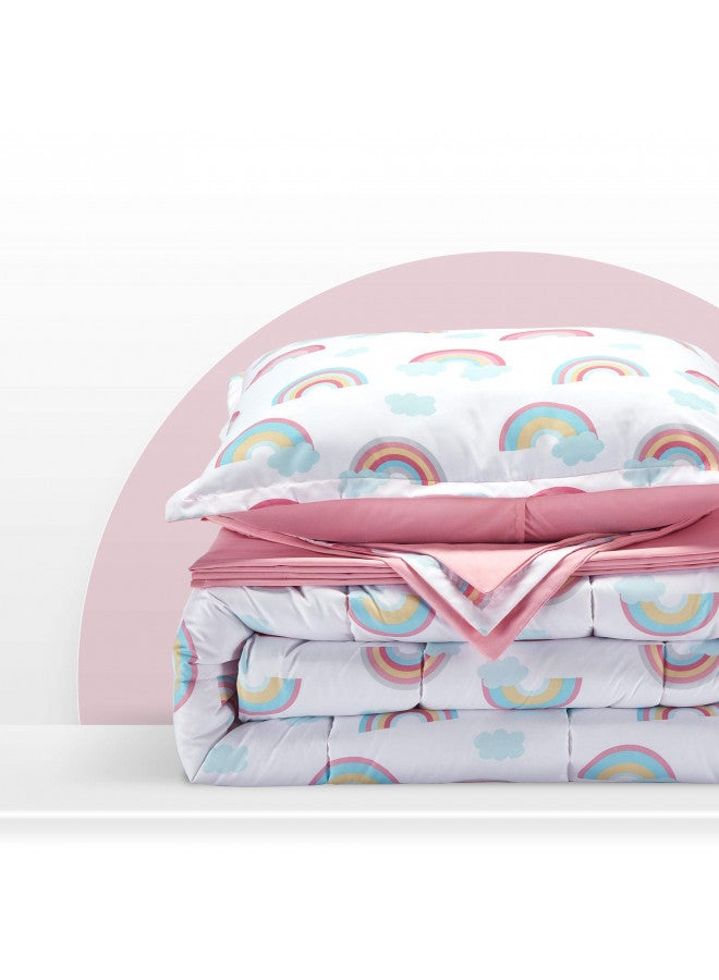 SLEEP ZONE مجموعة أغطية سرير الأطفال SLEEP ZONE بحجم كامل/ملكة - مجموعة أغطية سرير للأطفال 7 قطع لطيفة جداً وناعمة مع لحاف، ملاءة، غطاء وسادة وغطاء وسادة (قوس قزح وردي) - Image 4