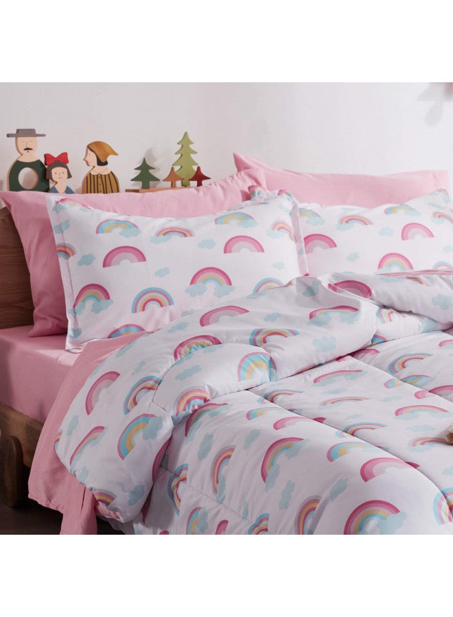 SLEEP ZONE مجموعة أغطية سرير الأطفال SLEEP ZONE بحجم كامل/ملكة - مجموعة أغطية سرير للأطفال 7 قطع لطيفة جداً وناعمة مع لحاف، ملاءة، غطاء وسادة وغطاء وسادة (قوس قزح وردي) - Image 1