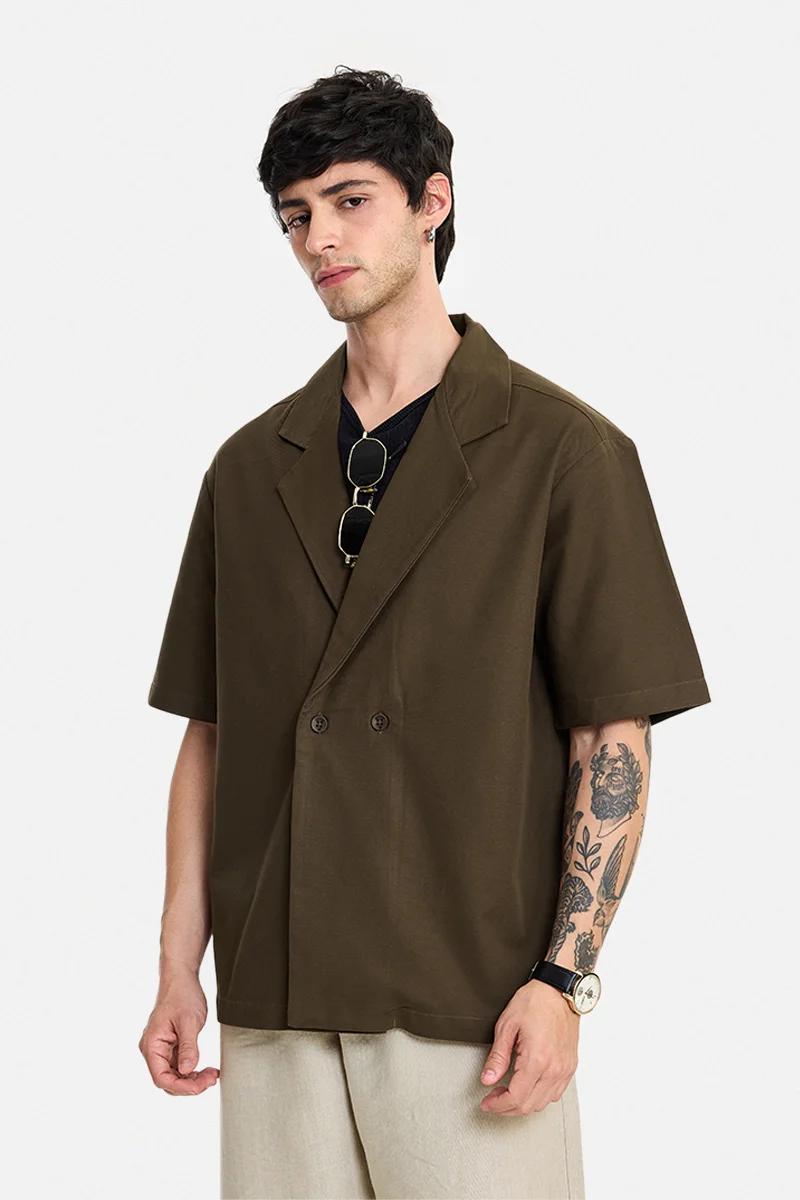 سنيتش Brown Solid Half Sleeve Oversized Shirt