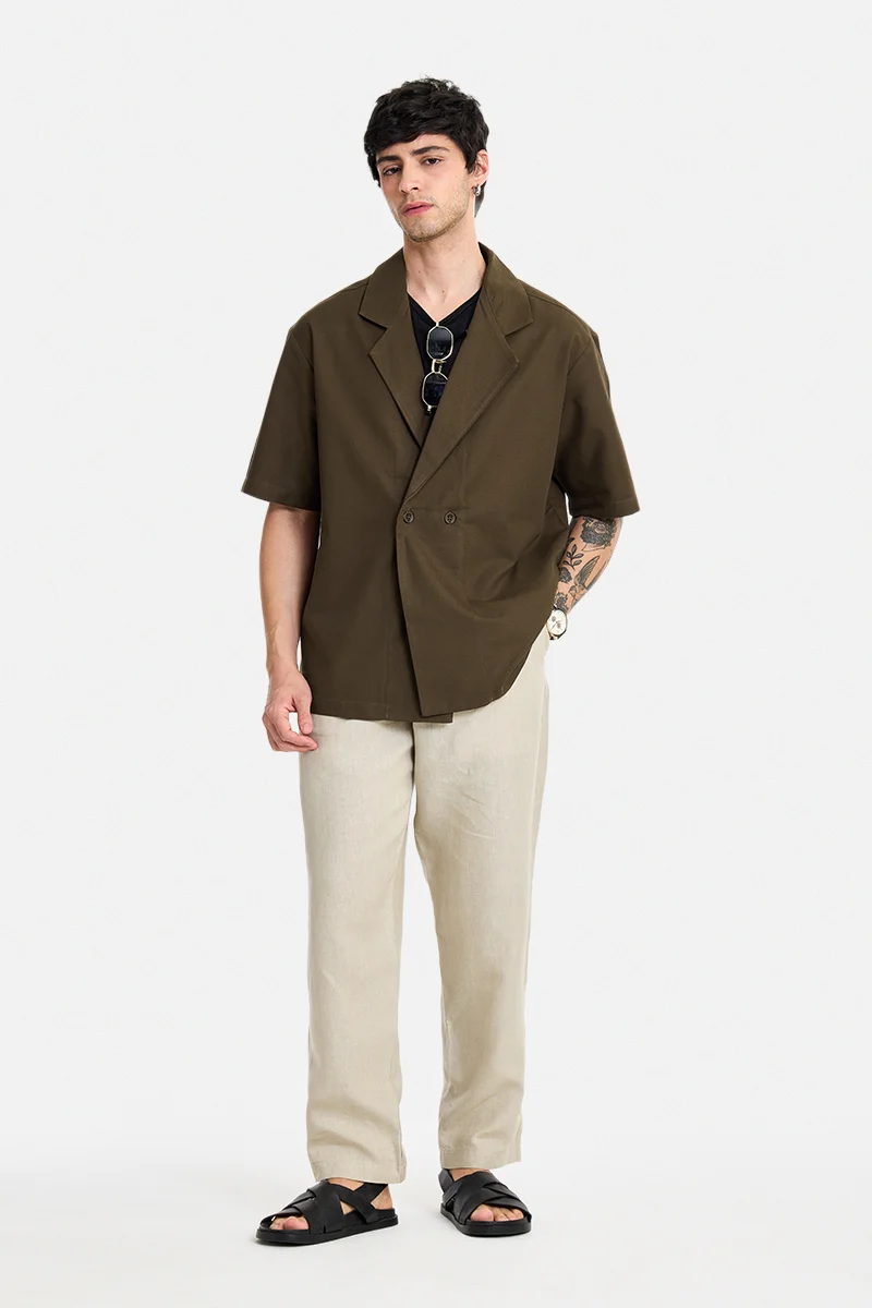 سنيتش Brown Solid Half Sleeve Oversized Shirt