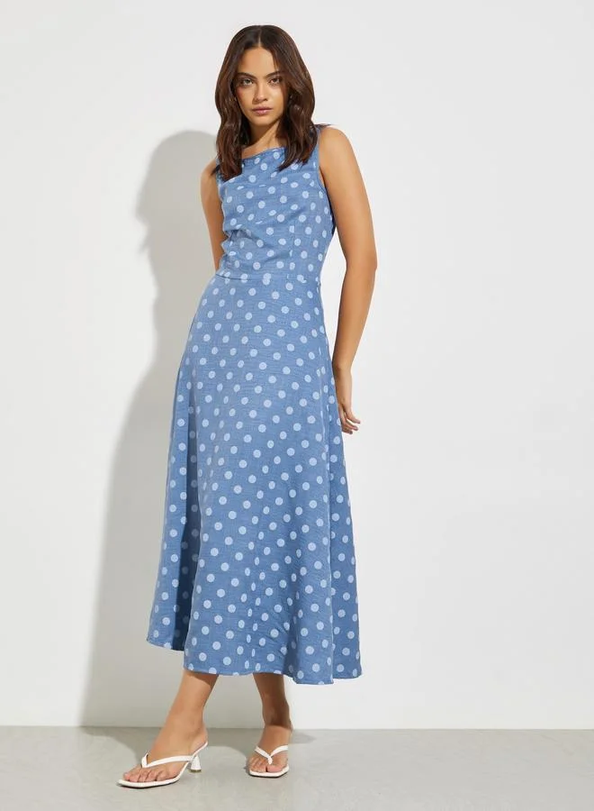 Styli  Blue Polka Dot Print Midi Dress for Women | Best Price UAE