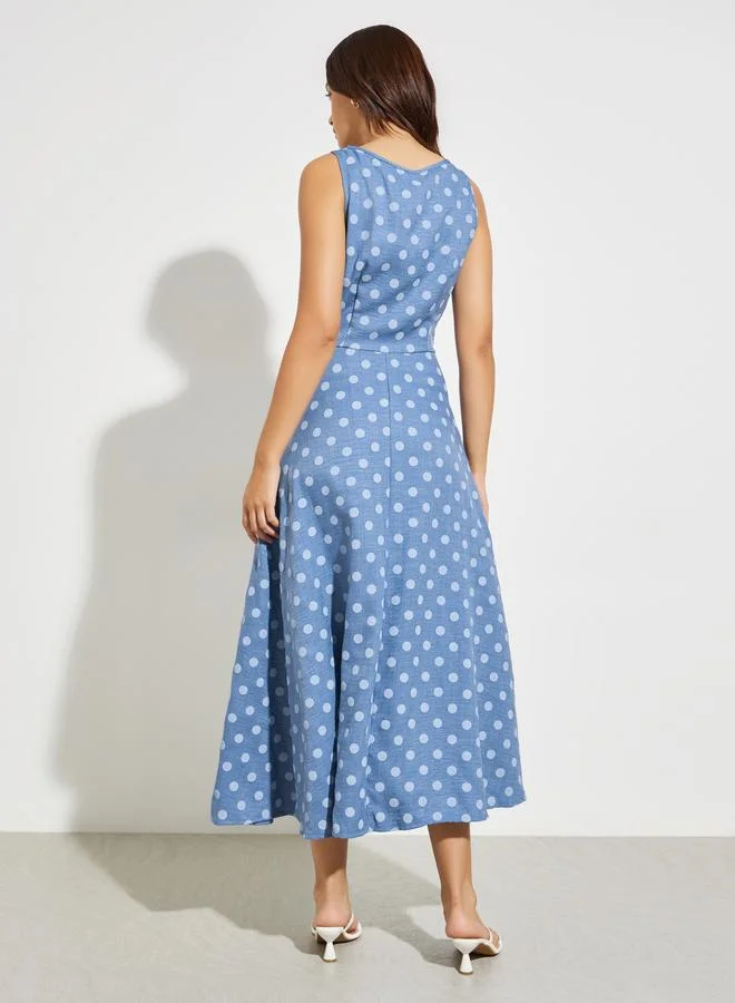 Styli  Blue Polka Dot Print Midi Dress for Women | Best Price UAE