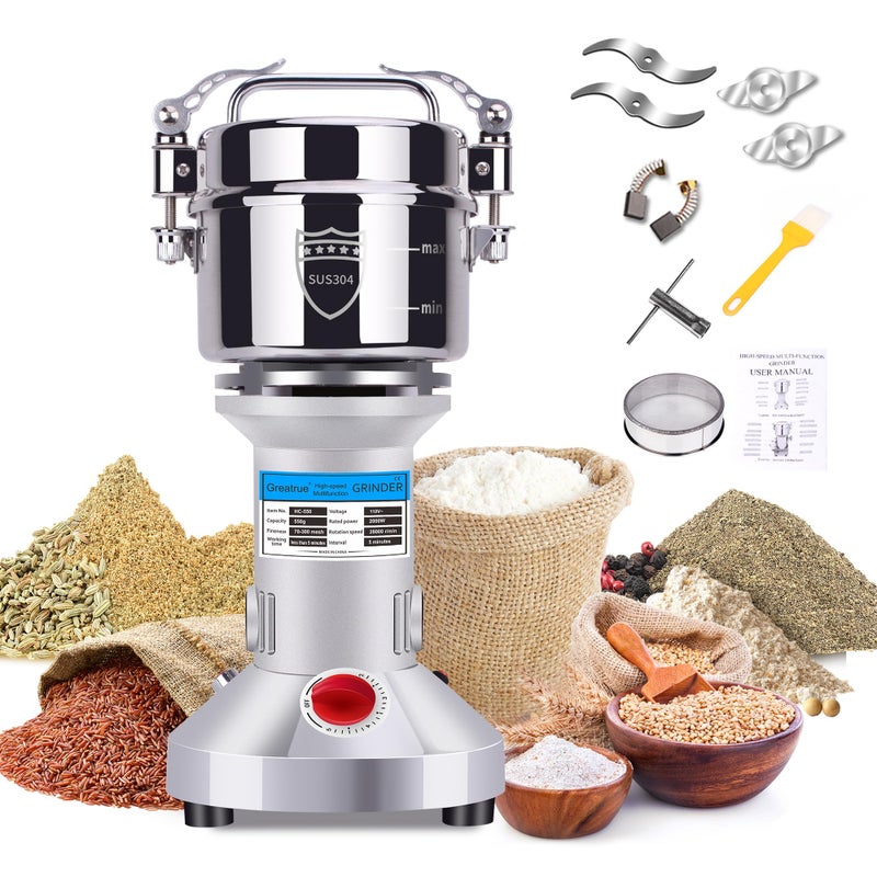 Greatrue 550g Electric Grain Mill Grinder 304 Stainless Steel Flour Mill 2000W High Speed Spice Grinder Electric Grain Mill for Dry Wheat Oats Corn Pepper and Coffee Beans